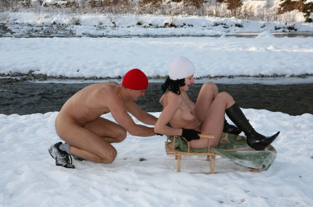 Naturist Girl Snow Day Couples Sled pics - Naturism and nudism